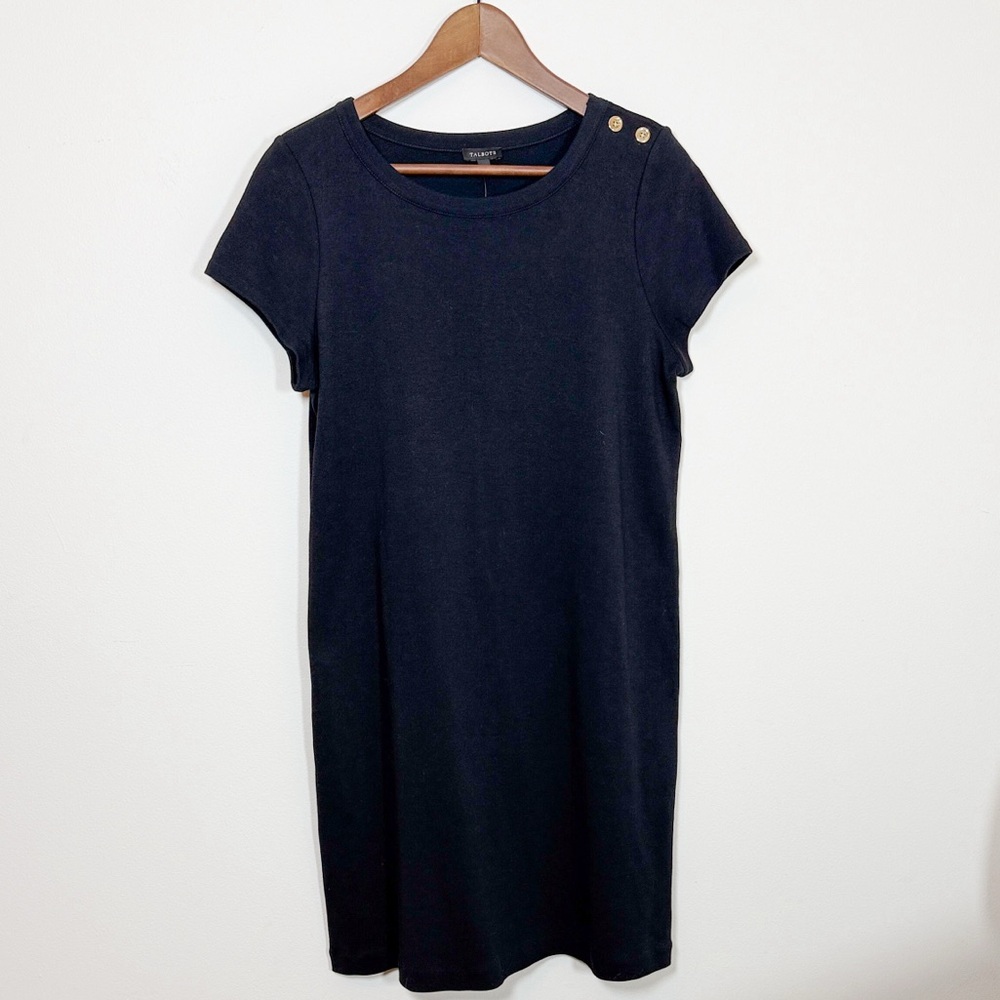Talbots Womens Black Cotton Shift Dress Gold Button Shoulder NWT Size M Classic